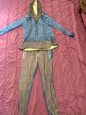 Fashion Nova Gray & Blue Hooded Jumpsuit-Style Pantsuit